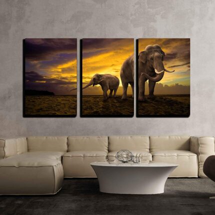 Wall26 - 3 Piece Canvas Wall Art - Elephants Family on Sunset